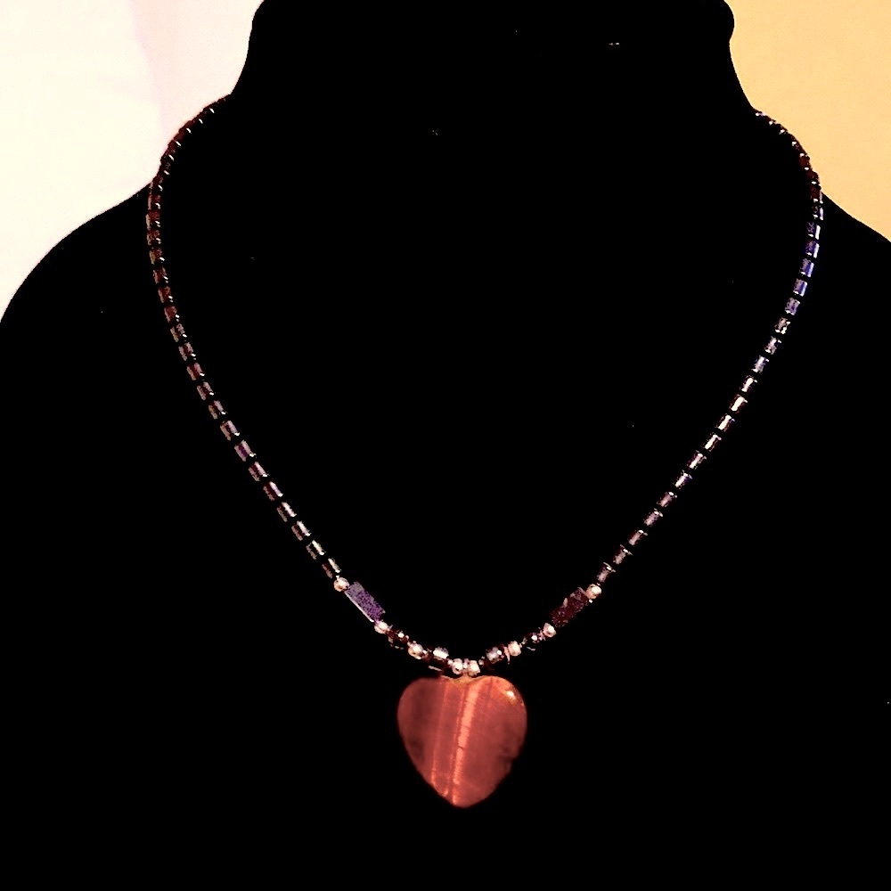 Black Beaded Onyx with Tiger Eye Pendant 18”L